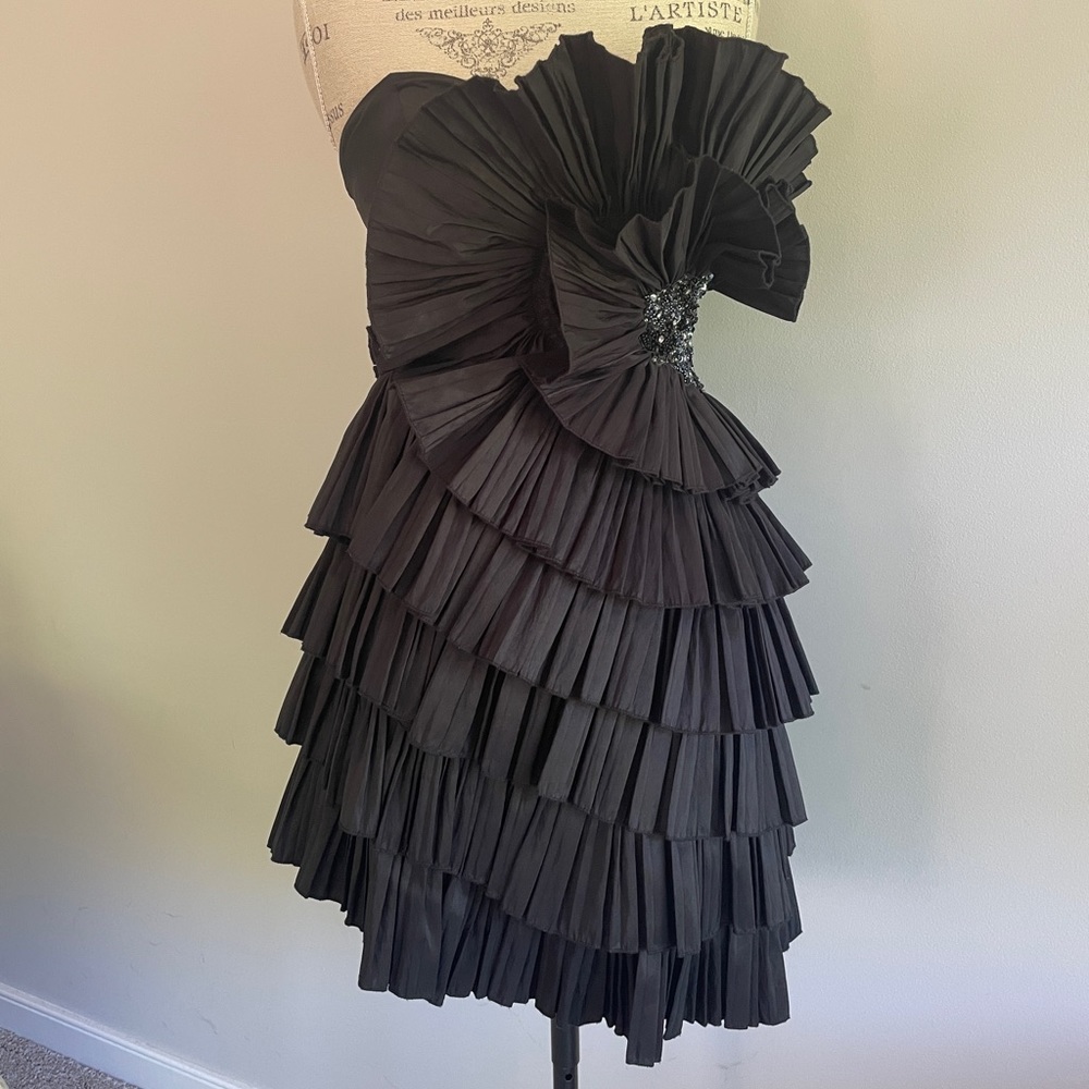 Alexia Designs Black Tiered Pleated Strapless Cocktail Dress
